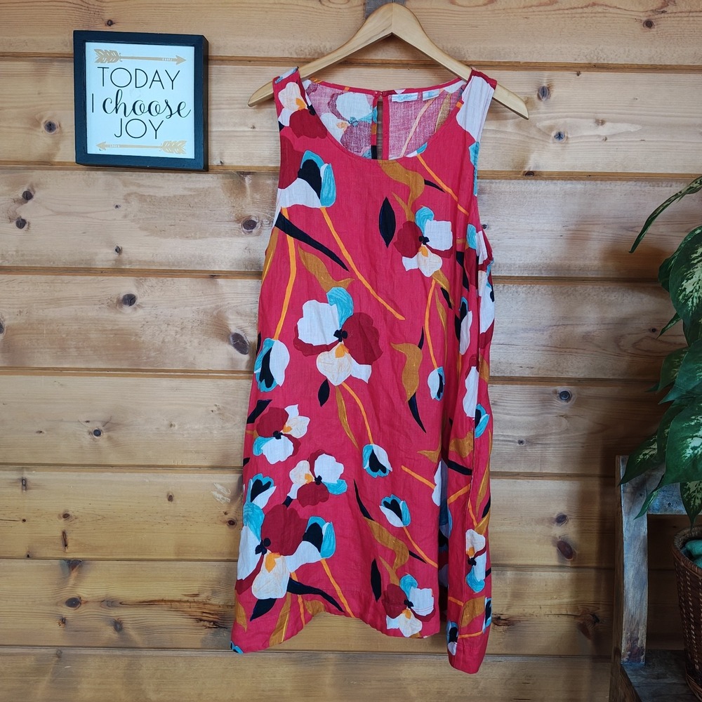 Sigrid Olsen Red Floral Sleeveless 100% Linen Shift Dress Pockets Beach Sz Large